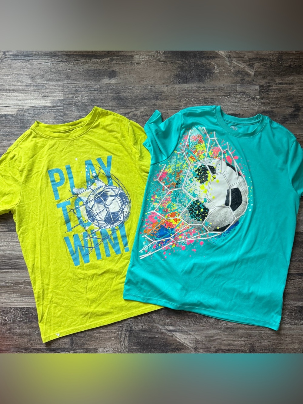 Lot of 2 soccer sports theme graphic print short sleeve shirts boys XL 14-16‎